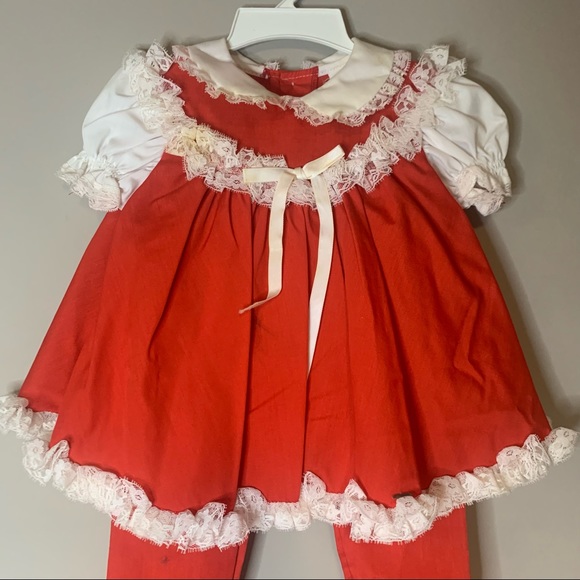 Vintage Bryan Red & White Lace Ruffle Dress & Pants Set - Picture 2 of 9